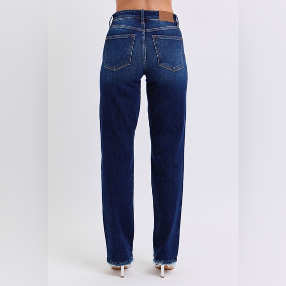 Judy Blue Straight Fit Jeans 15/32 Dark Blue Raw Frayed Hem High Rise - Picture 4 of 9